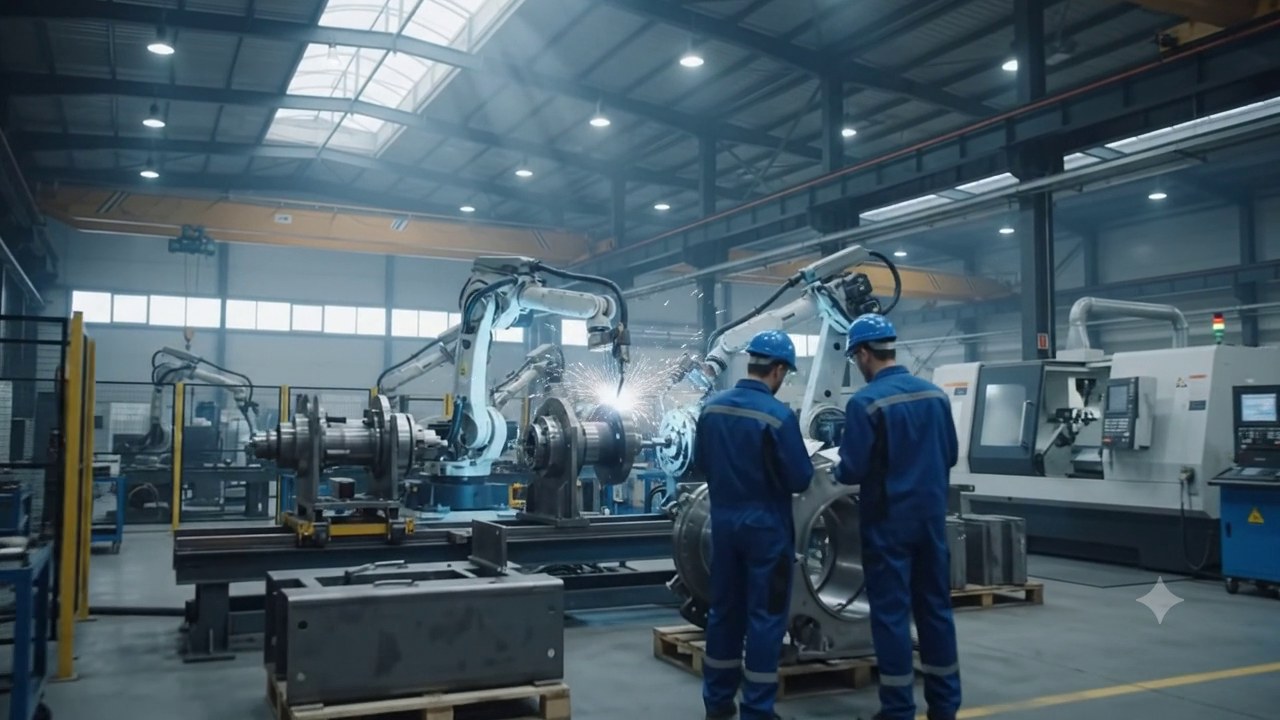 Inside a modern manufacturing plant: robotic welding arms and engineers inspecting equipment